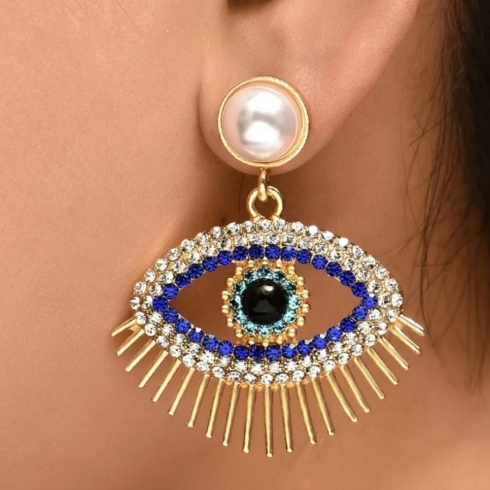 Evil Eye Goldtone Black Rhinestone Pearl Earrings